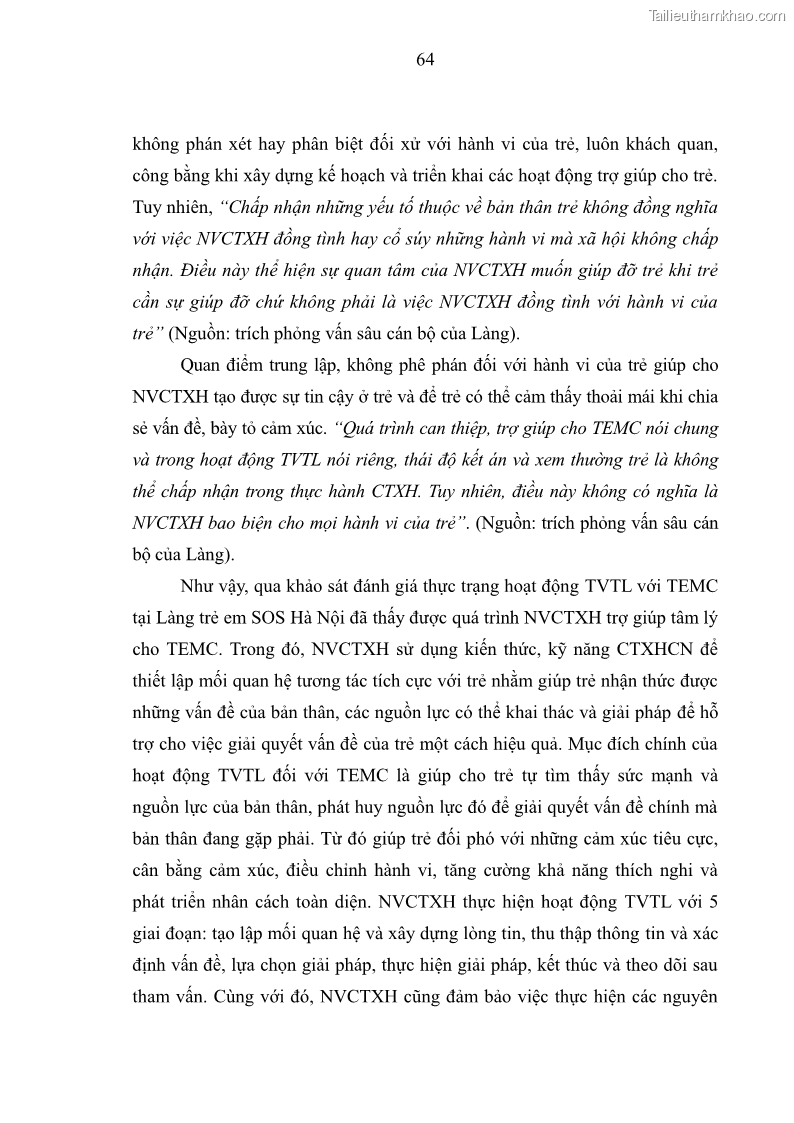 Luận văn thạc sĩ công tác xã hội Công tác xã hội cá nhân trong trợ giúp trẻ em mồ côi tại Làng trẻ em SOS Hà Nội - 7 Trang 74