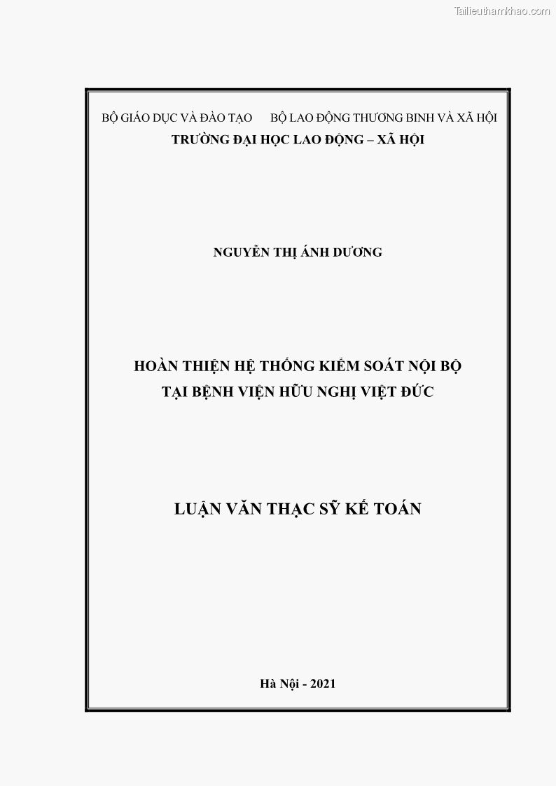 Luận văn thạc sĩ kế toán Hoàn thiện hệ thống kiểm soát nội bộ tại Bệnh viện Hữu nghị Việt Đức - 1 Trang 1