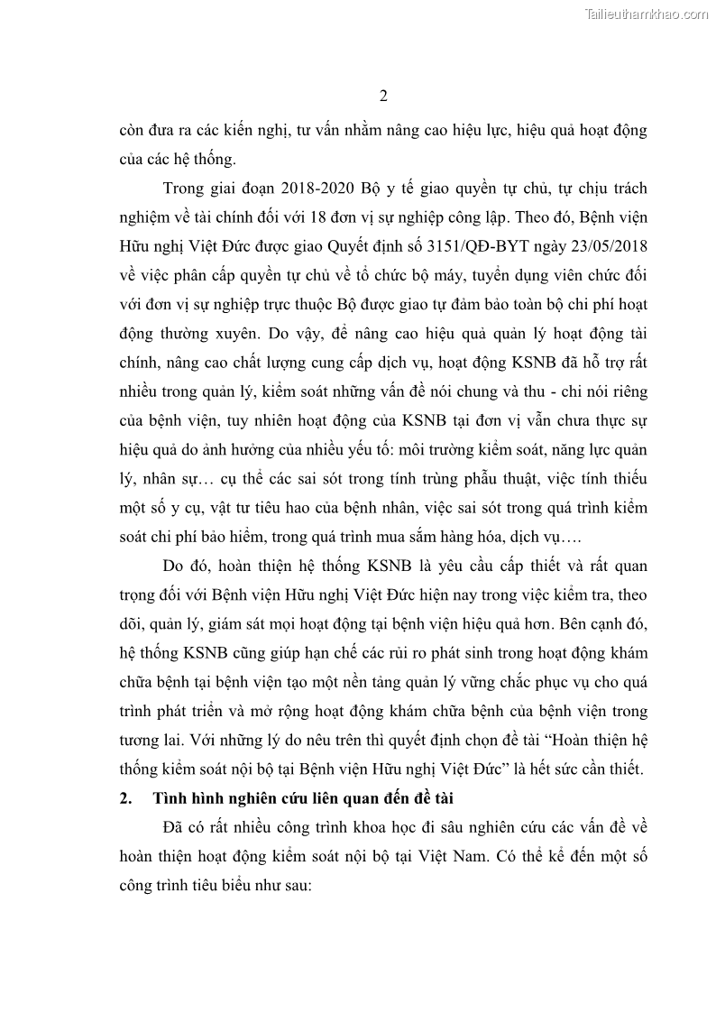Luận văn thạc sĩ kế toán Hoàn thiện hệ thống kiểm soát nội bộ tại Bệnh viện Hữu nghị Việt Đức - 1 Trang 10
