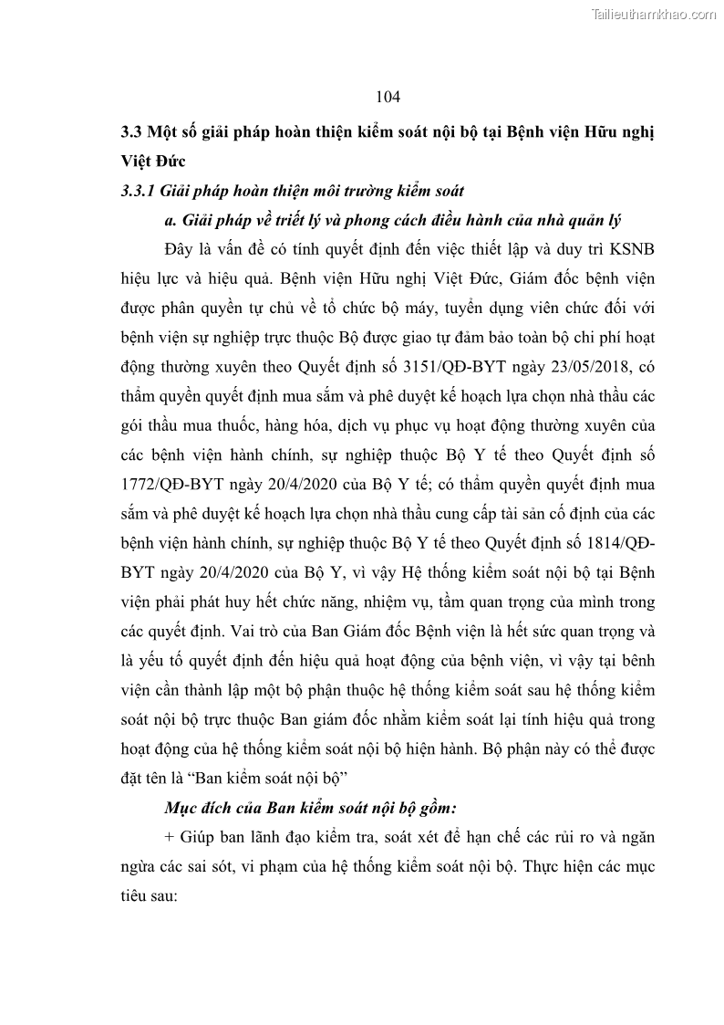Luận văn thạc sĩ kế toán Hoàn thiện hệ thống kiểm soát nội bộ tại Bệnh viện Hữu nghị Việt Đức - 10 Trang 112