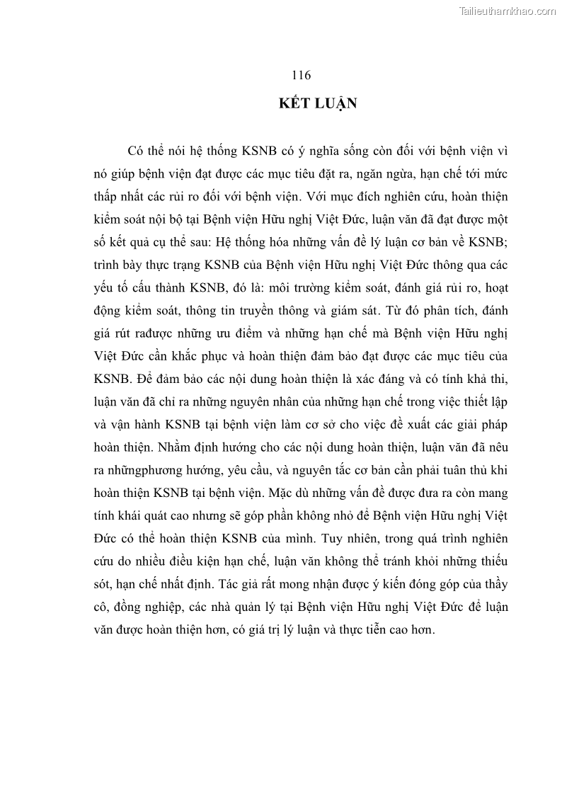 Luận văn thạc sĩ kế toán Hoàn thiện hệ thống kiểm soát nội bộ tại Bệnh viện Hữu nghị Việt Đức - 11 Trang 124