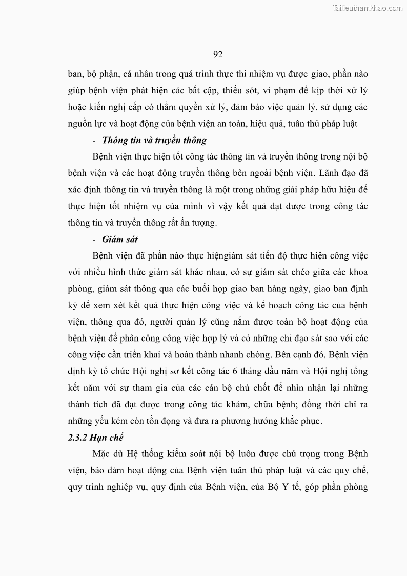 Luận văn thạc sĩ kế toán Hoàn thiện hệ thống kiểm soát nội bộ tại Bệnh viện Hữu nghị Việt Đức - 9 Trang 100