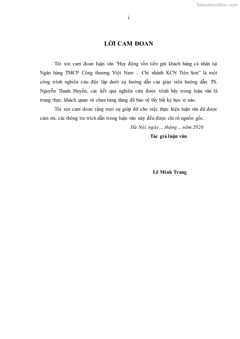 Luận văn thạc sĩ kinh tế Huy động vốn tiền gửi khách hàng cá nhân tại Ngân hàng TMCP Công thương VN – CN KCN Tiên Sơn - 1 Trang 3