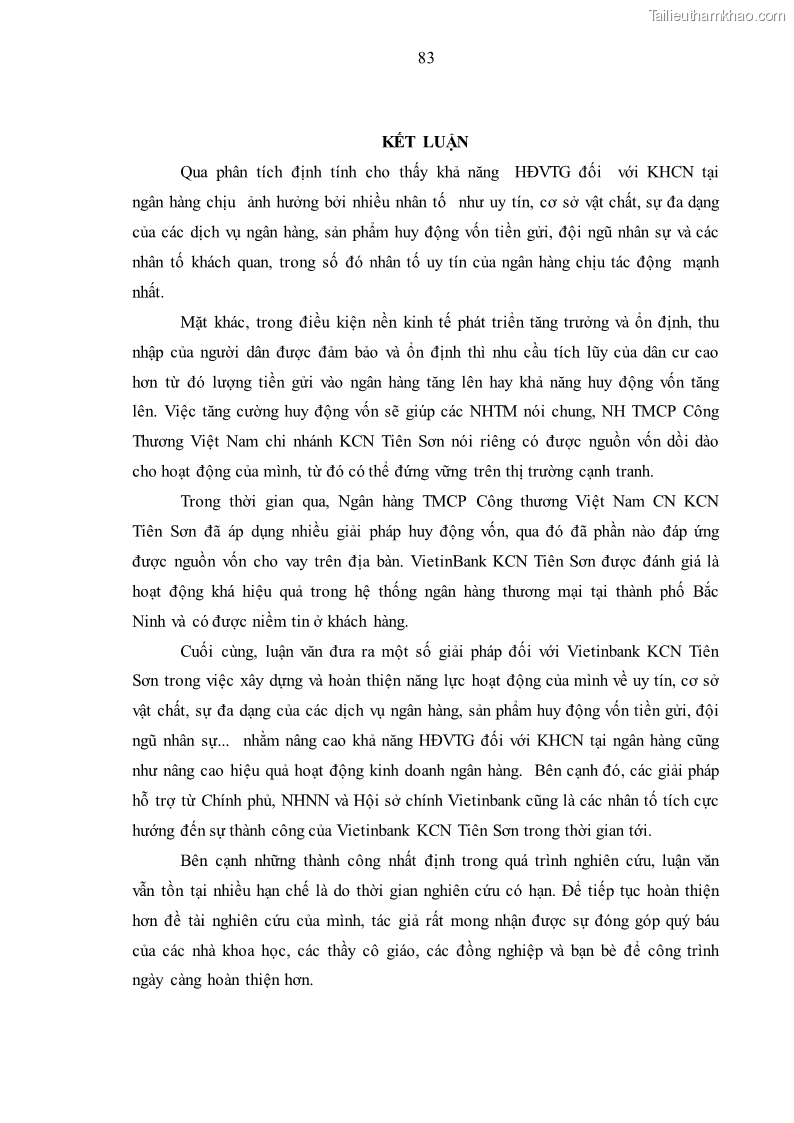 Luận văn thạc sĩ kinh tế Huy động vốn tiền gửi khách hàng cá nhân tại Ngân hàng TMCP Công thương VN – CN KCN Tiên Sơn - 8 Trang 93