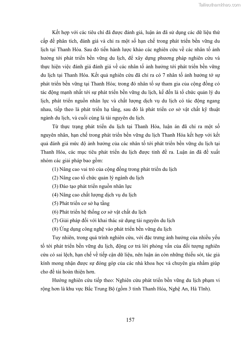 Luận án tiến sĩ kinh tế Phát triển bền vững du lịch tại Thanh Hóa - 14 Trang 167