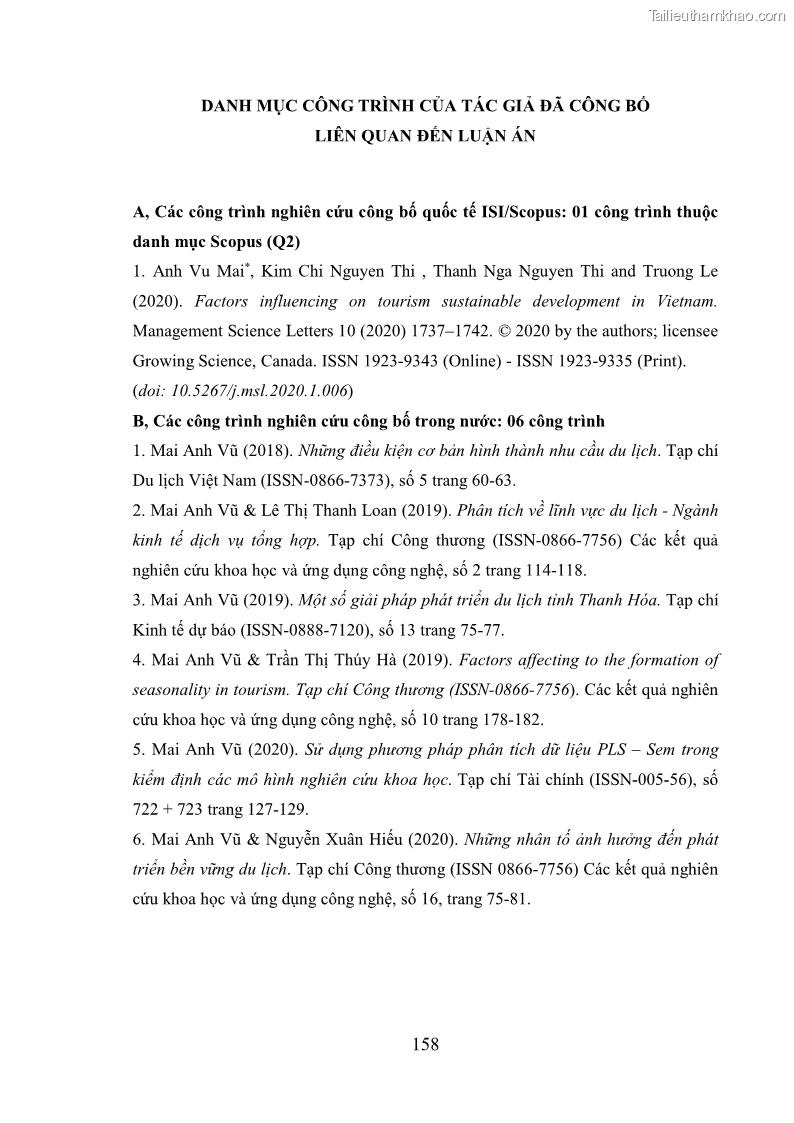 Luận án tiến sĩ kinh tế Phát triển bền vững du lịch tại Thanh Hóa - 14 Trang 168