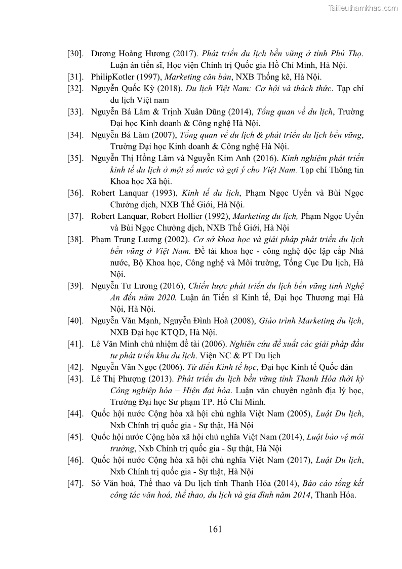 Luận án tiến sĩ kinh tế Phát triển bền vững du lịch tại Thanh Hóa - 15 Trang 171