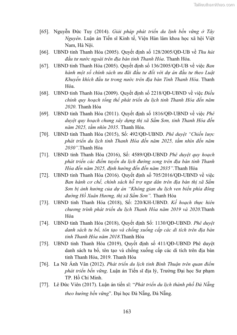 Luận án tiến sĩ kinh tế Phát triển bền vững du lịch tại Thanh Hóa - 15 Trang 173