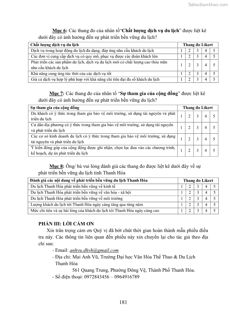 Luận án tiến sĩ kinh tế Phát triển bền vững du lịch tại Thanh Hóa - 16 Trang 191