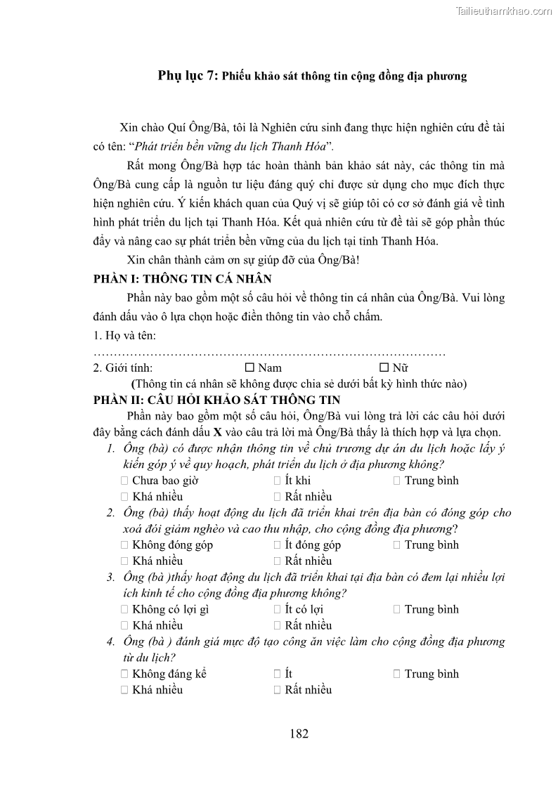 Luận án tiến sĩ kinh tế Phát triển bền vững du lịch tại Thanh Hóa - 16 Trang 192