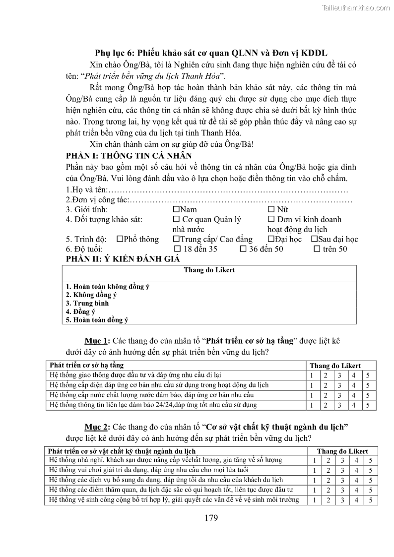 Luận án tiến sĩ kinh tế Phát triển bền vững du lịch tại Thanh Hóa - 16 Trang 189