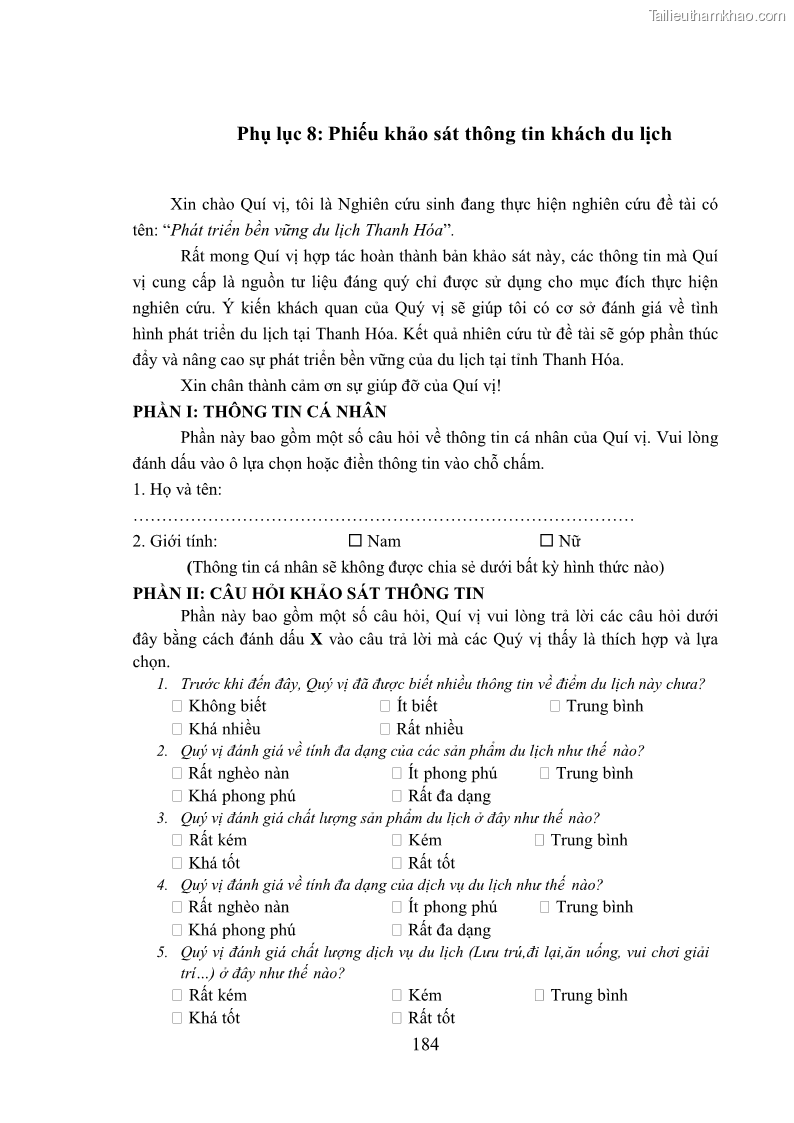 Luận án tiến sĩ kinh tế Phát triển bền vững du lịch tại Thanh Hóa - 17 Trang 194