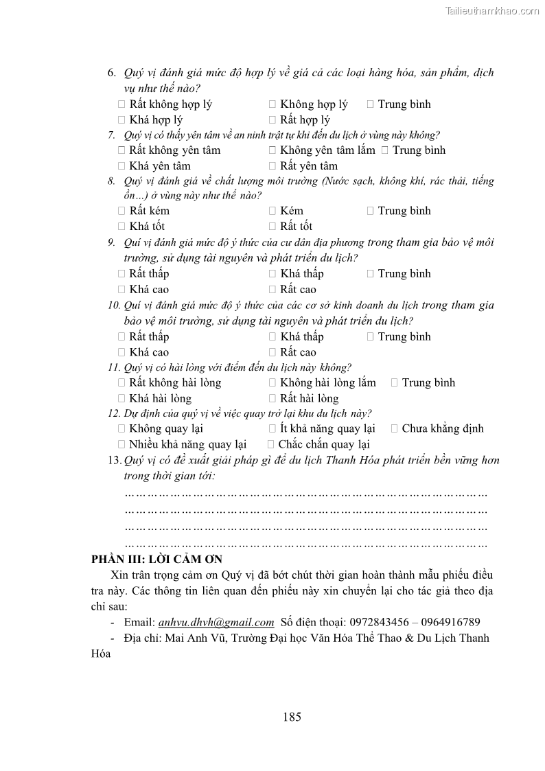 Luận án tiến sĩ kinh tế Phát triển bền vững du lịch tại Thanh Hóa - 17 Trang 195