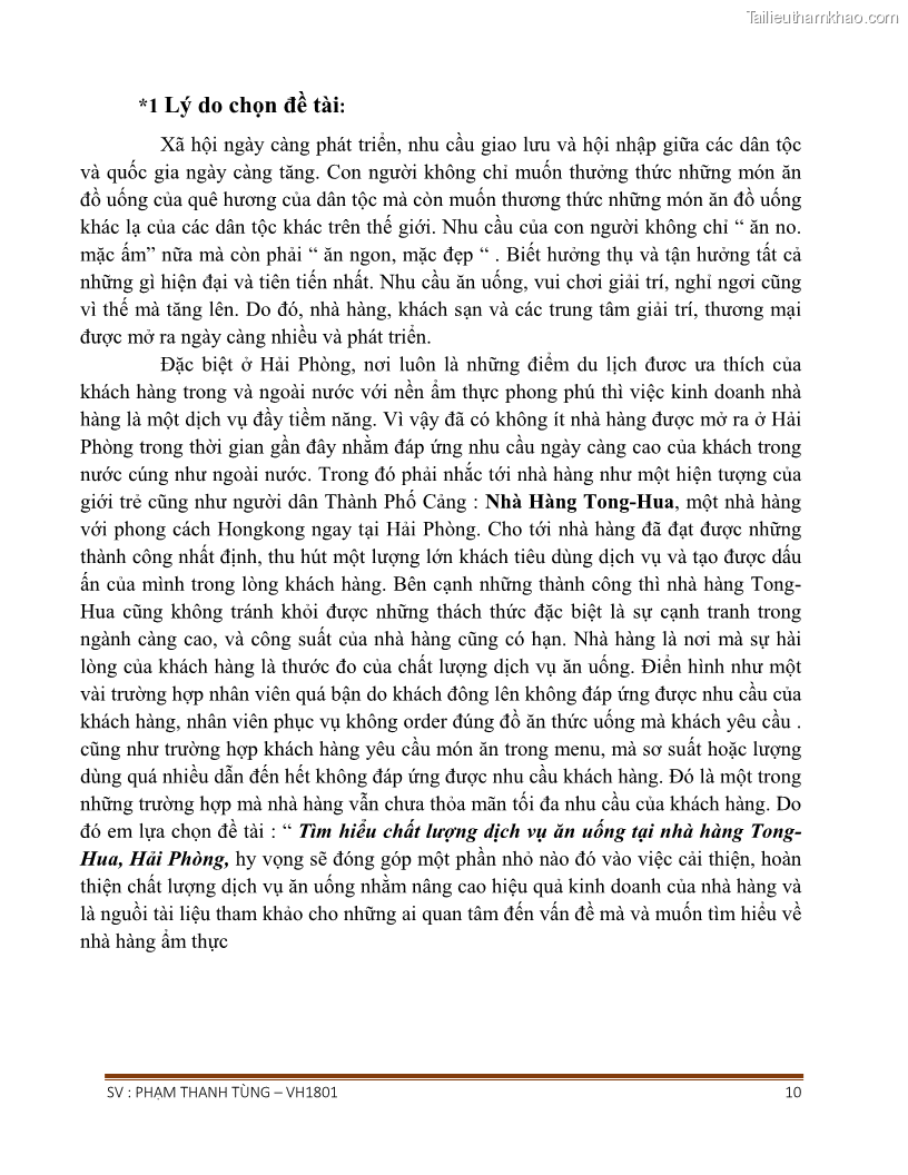 Khóa luận tốt nghiệp văn hóa du lịch Tìm hiểu chất lượng dịch vụ ở nhà hàng Tong Hua, Hải Phòng - 1 Trang 10