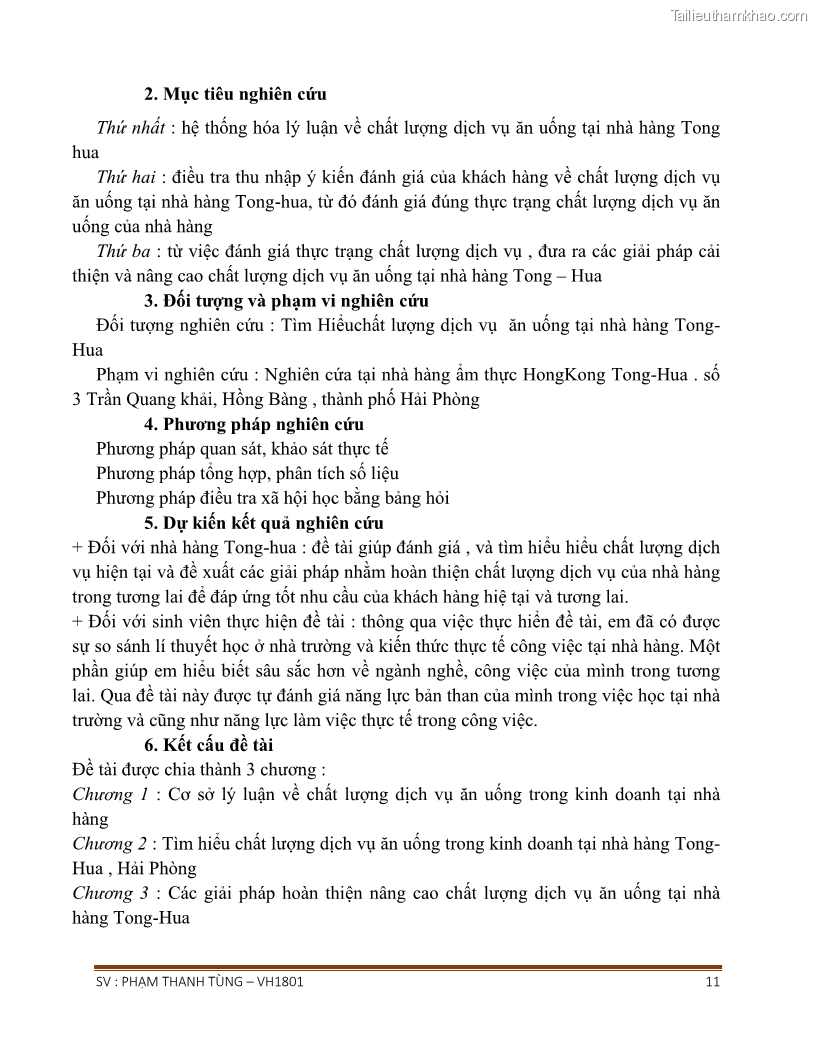 Khóa luận tốt nghiệp văn hóa du lịch Tìm hiểu chất lượng dịch vụ ở nhà hàng Tong Hua, Hải Phòng - 1 Trang 11