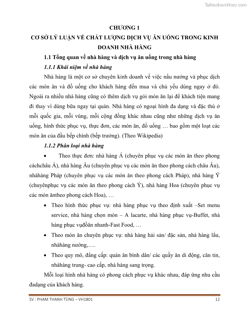 Khóa luận tốt nghiệp văn hóa du lịch Tìm hiểu chất lượng dịch vụ ở nhà hàng Tong Hua, Hải Phòng - 1 Trang 12