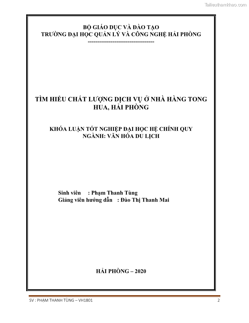 Khóa luận tốt nghiệp văn hóa du lịch Tìm hiểu chất lượng dịch vụ ở nhà hàng Tong Hua, Hải Phòng - 1 Trang 2