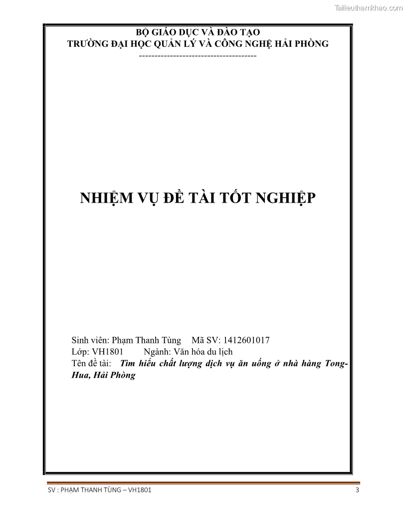 Khóa luận tốt nghiệp văn hóa du lịch Tìm hiểu chất lượng dịch vụ ở nhà hàng Tong Hua, Hải Phòng - 1 Trang 3