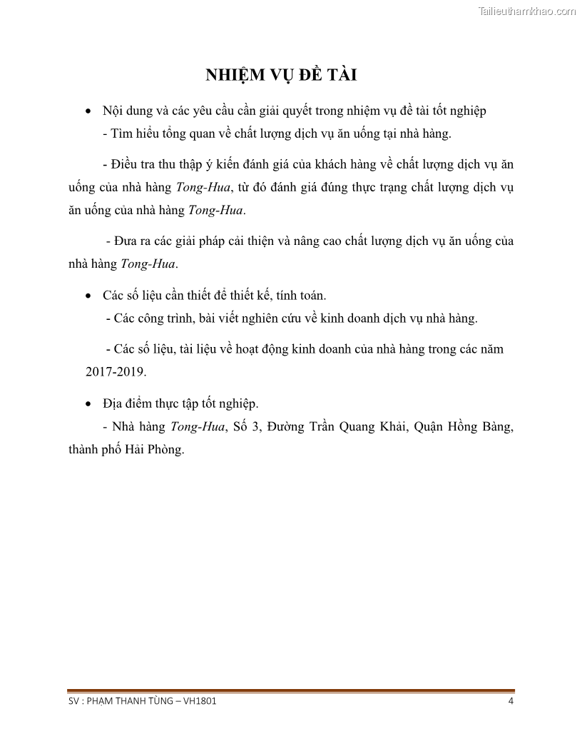 Khóa luận tốt nghiệp văn hóa du lịch Tìm hiểu chất lượng dịch vụ ở nhà hàng Tong Hua, Hải Phòng - 1 Trang 4