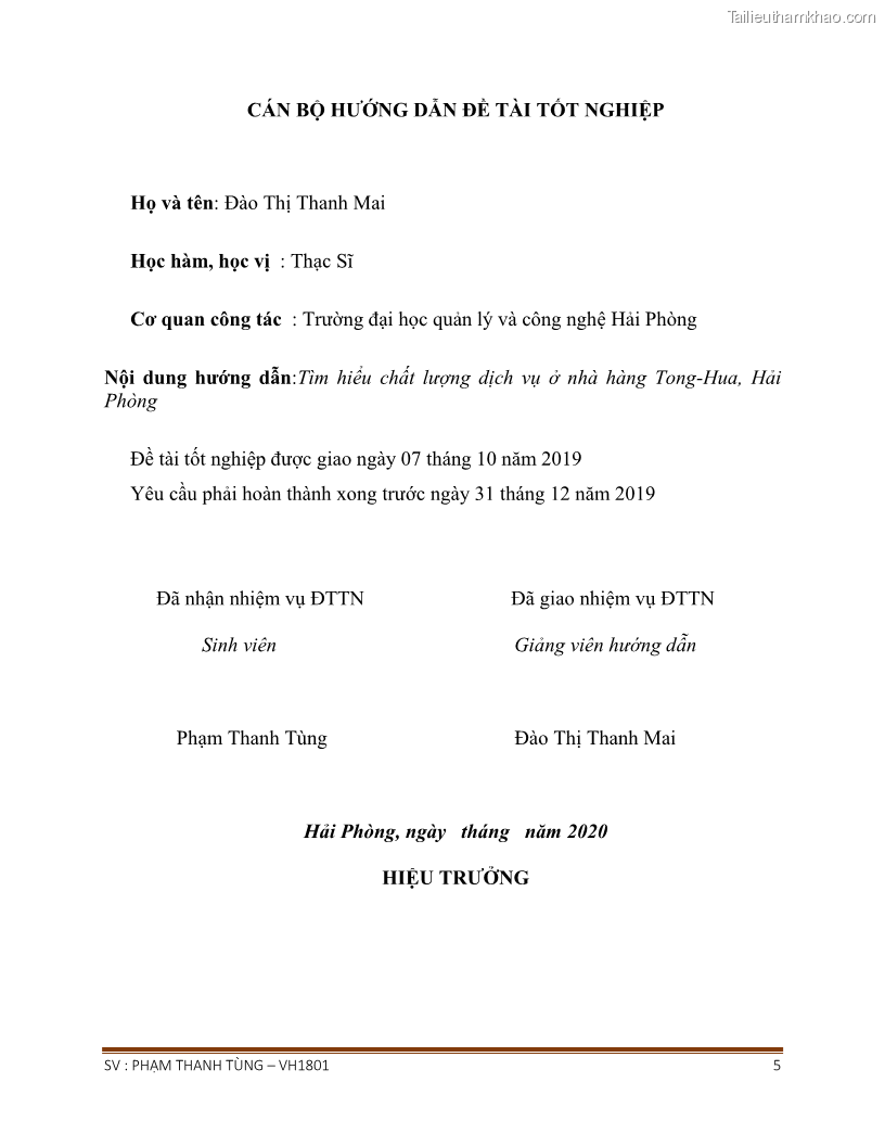 Khóa luận tốt nghiệp văn hóa du lịch Tìm hiểu chất lượng dịch vụ ở nhà hàng Tong Hua, Hải Phòng - 1 Trang 5