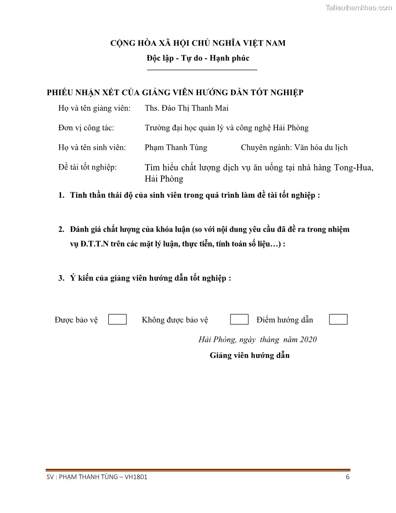 Khóa luận tốt nghiệp văn hóa du lịch Tìm hiểu chất lượng dịch vụ ở nhà hàng Tong Hua, Hải Phòng - 1 Trang 6