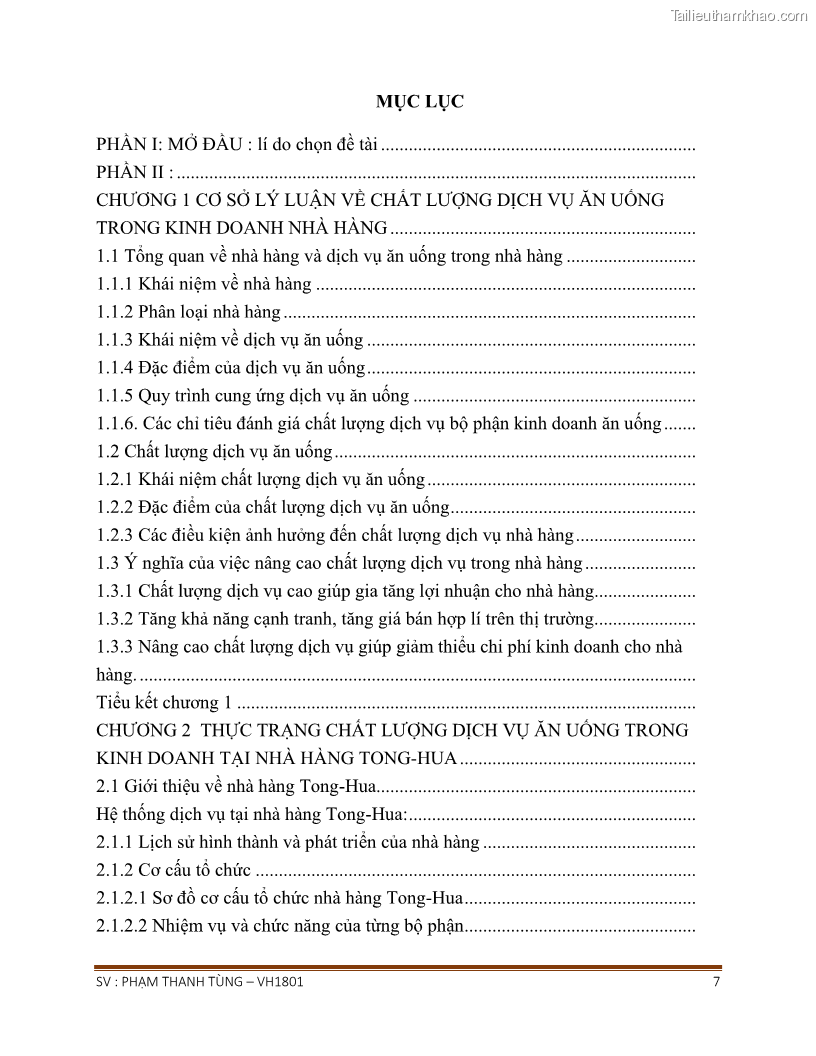 Khóa luận tốt nghiệp văn hóa du lịch Tìm hiểu chất lượng dịch vụ ở nhà hàng Tong Hua, Hải Phòng - 1 Trang 7