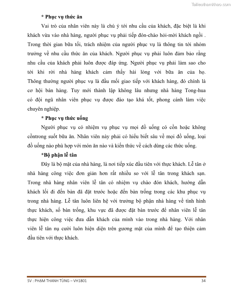 Khóa luận tốt nghiệp văn hóa du lịch Tìm hiểu chất lượng dịch vụ ở nhà hàng Tong Hua, Hải Phòng - 3 Trang 34