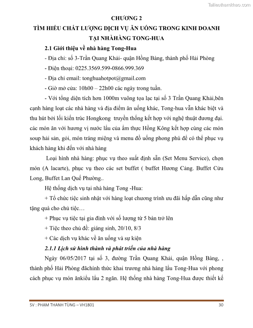 Khóa luận tốt nghiệp văn hóa du lịch Tìm hiểu chất lượng dịch vụ ở nhà hàng Tong Hua, Hải Phòng - 3 Trang 30