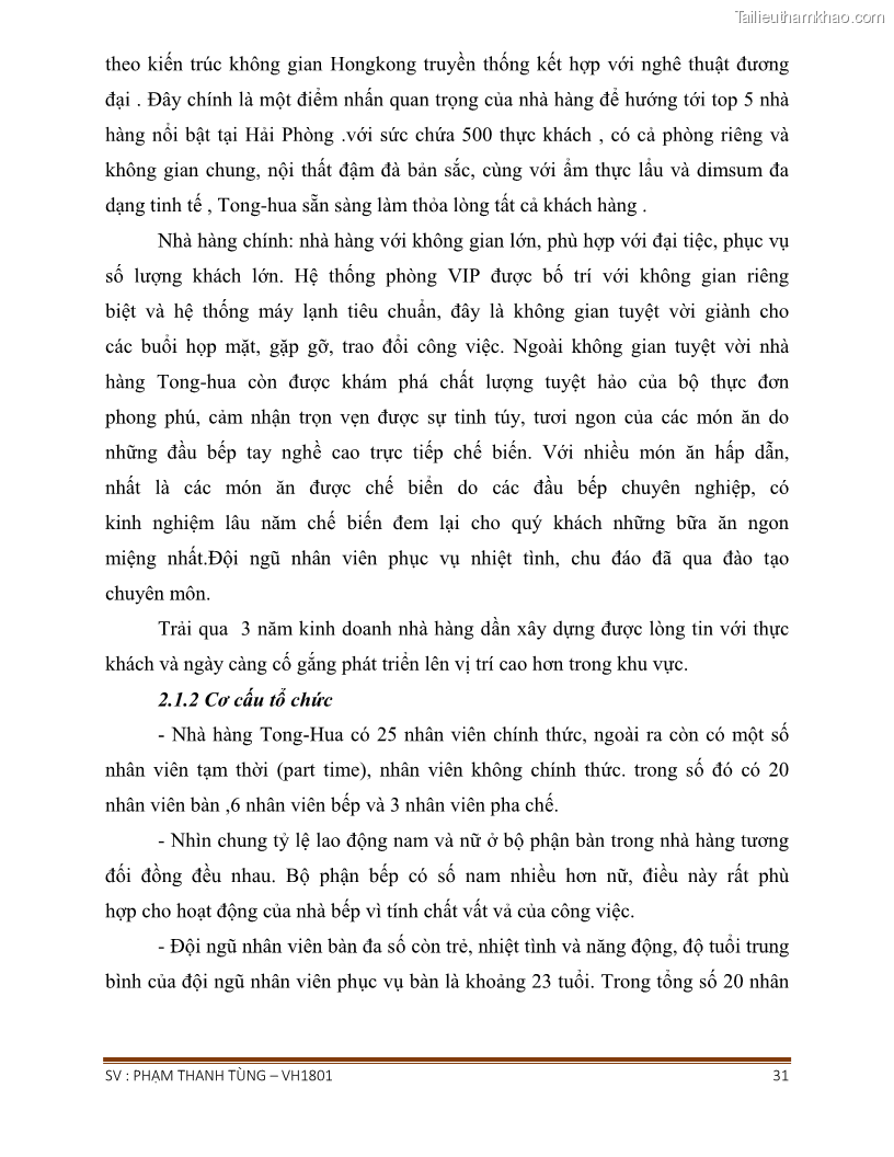 Khóa luận tốt nghiệp văn hóa du lịch Tìm hiểu chất lượng dịch vụ ở nhà hàng Tong Hua, Hải Phòng - 3 Trang 31