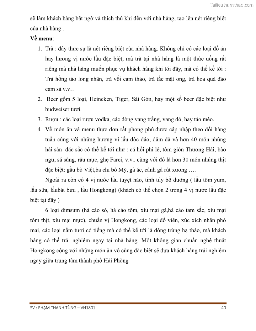 Khóa luận tốt nghiệp văn hóa du lịch Tìm hiểu chất lượng dịch vụ ở nhà hàng Tong Hua, Hải Phòng - 4 Trang 40