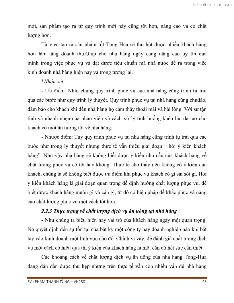 Khóa luận tốt nghiệp văn hóa du lịch Tìm hiểu chất lượng dịch vụ ở nhà hàng Tong Hua, Hải Phòng - 4 Trang 43