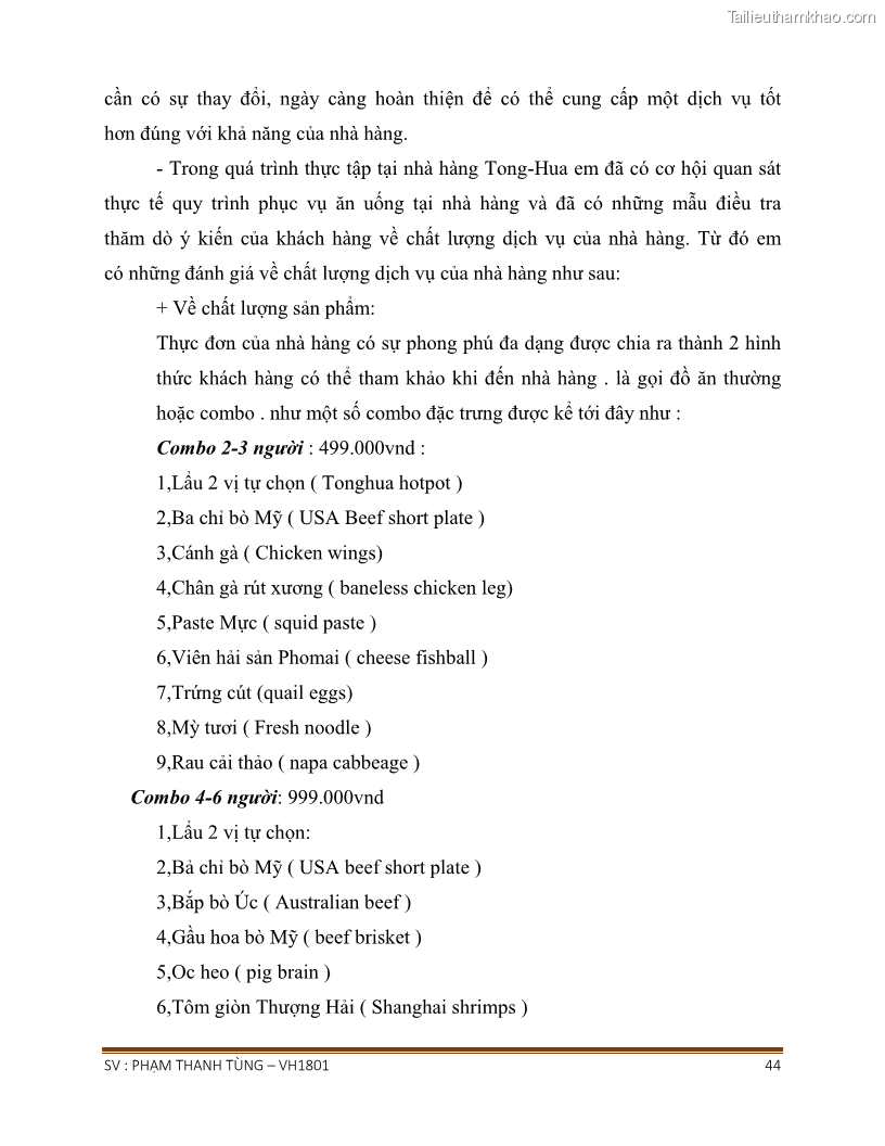 Khóa luận tốt nghiệp văn hóa du lịch Tìm hiểu chất lượng dịch vụ ở nhà hàng Tong Hua, Hải Phòng - 4 Trang 44