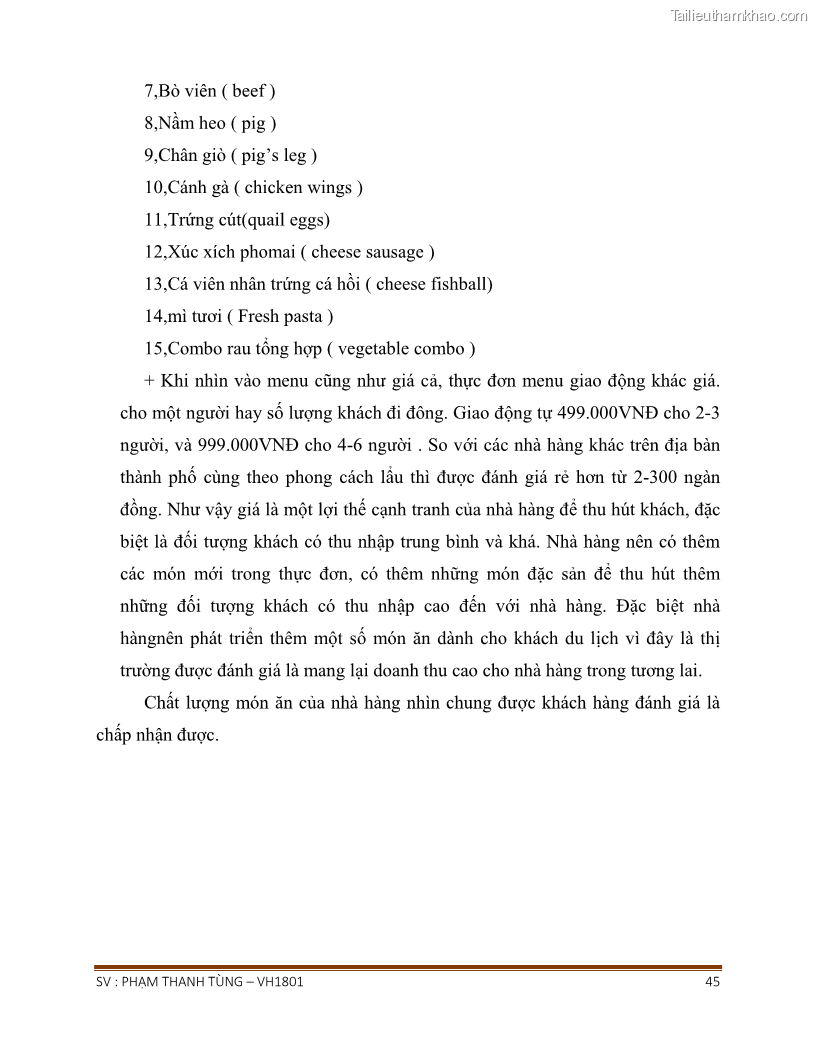 Khóa luận tốt nghiệp văn hóa du lịch Tìm hiểu chất lượng dịch vụ ở nhà hàng Tong Hua, Hải Phòng - 4 Trang 45