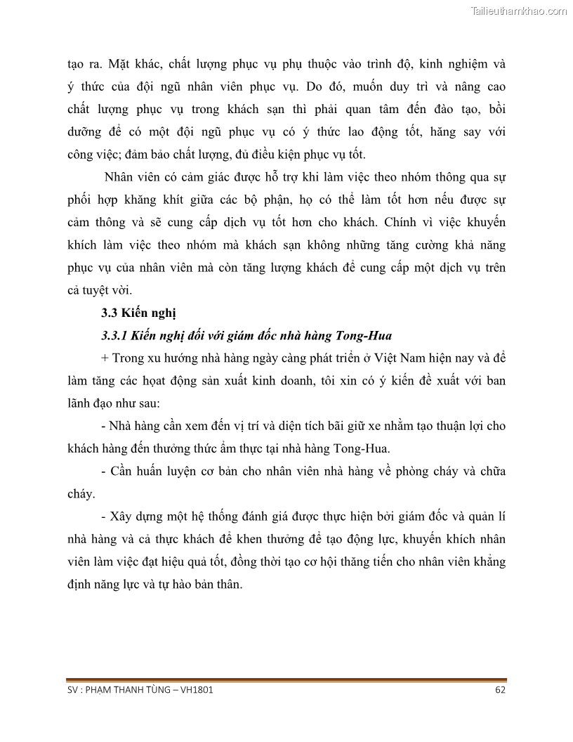 Khóa luận tốt nghiệp văn hóa du lịch Tìm hiểu chất lượng dịch vụ ở nhà hàng Tong Hua, Hải Phòng - 6 Trang 62