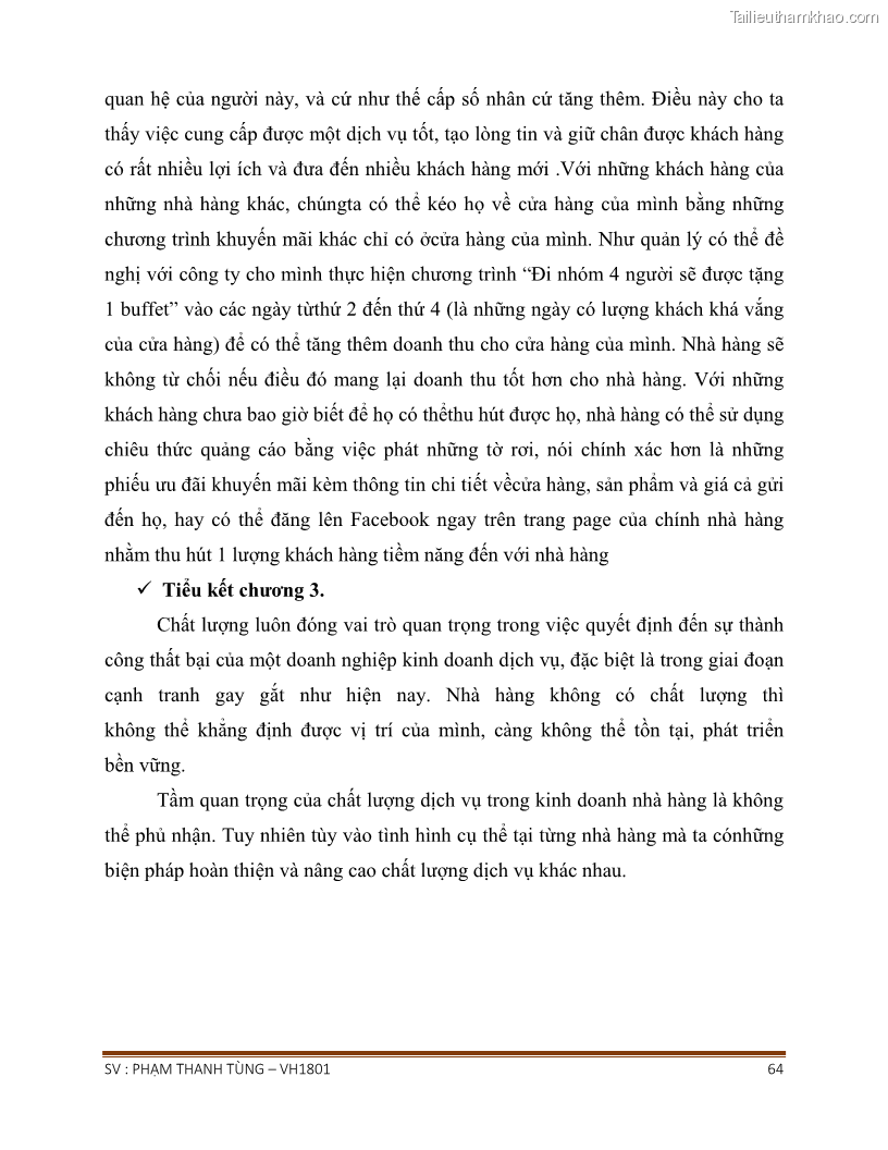 Khóa luận tốt nghiệp văn hóa du lịch Tìm hiểu chất lượng dịch vụ ở nhà hàng Tong Hua, Hải Phòng - 6 Trang 64