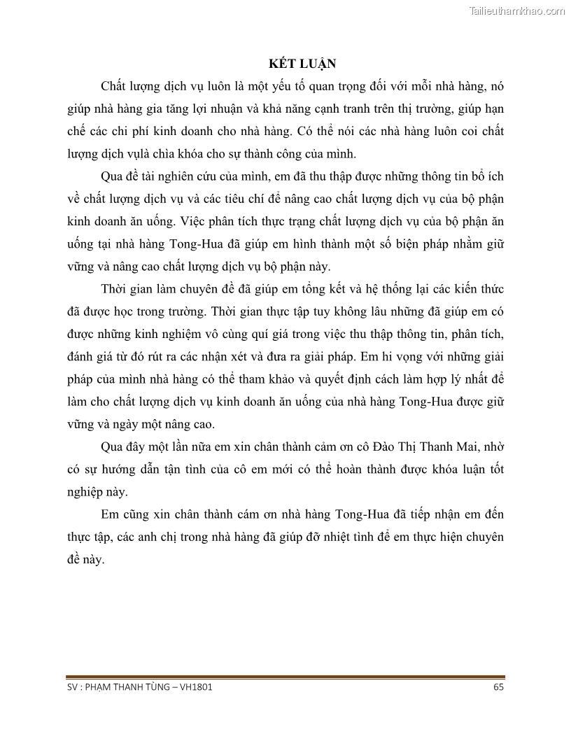 Khóa luận tốt nghiệp văn hóa du lịch Tìm hiểu chất lượng dịch vụ ở nhà hàng Tong Hua, Hải Phòng - 6 Trang 65