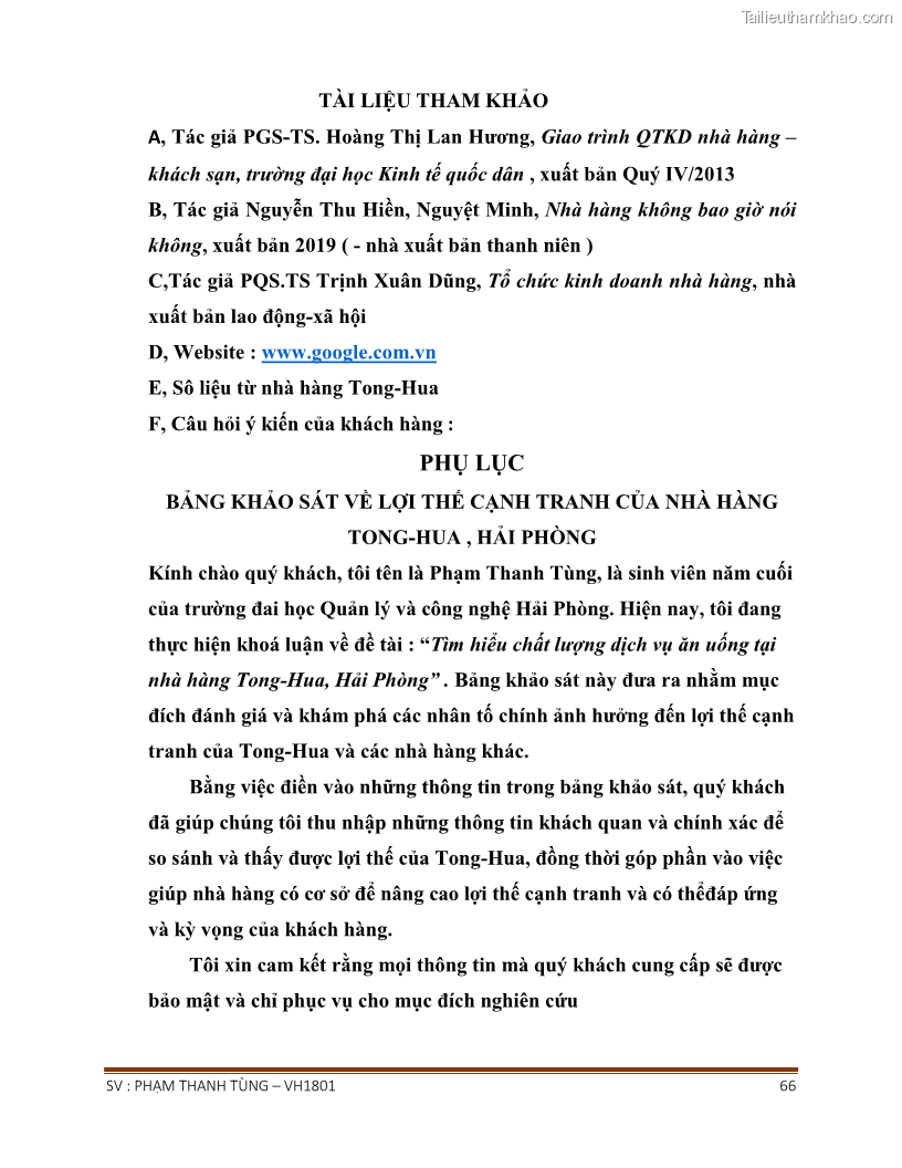 Khóa luận tốt nghiệp văn hóa du lịch Tìm hiểu chất lượng dịch vụ ở nhà hàng Tong Hua, Hải Phòng - 6 Trang 66