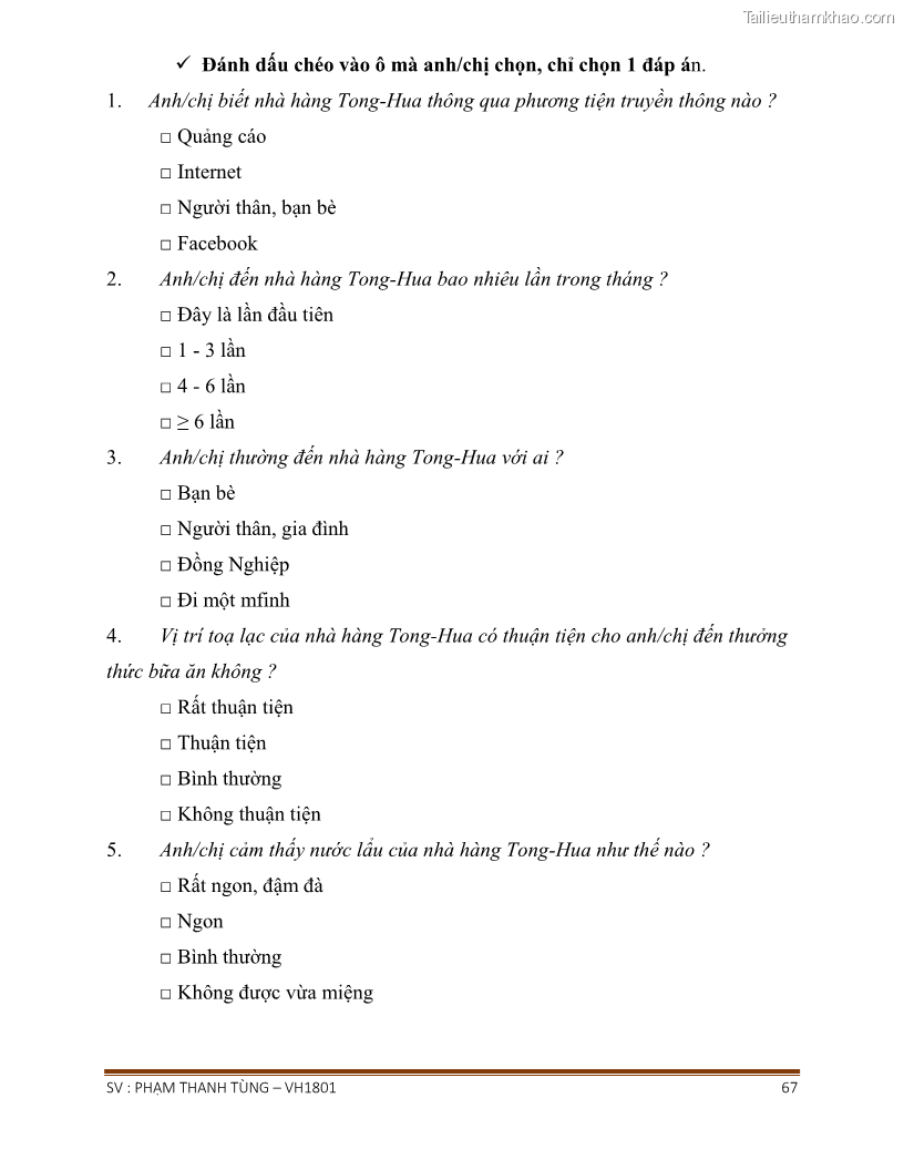 Khóa luận tốt nghiệp văn hóa du lịch Tìm hiểu chất lượng dịch vụ ở nhà hàng Tong Hua, Hải Phòng - 6 Trang 67