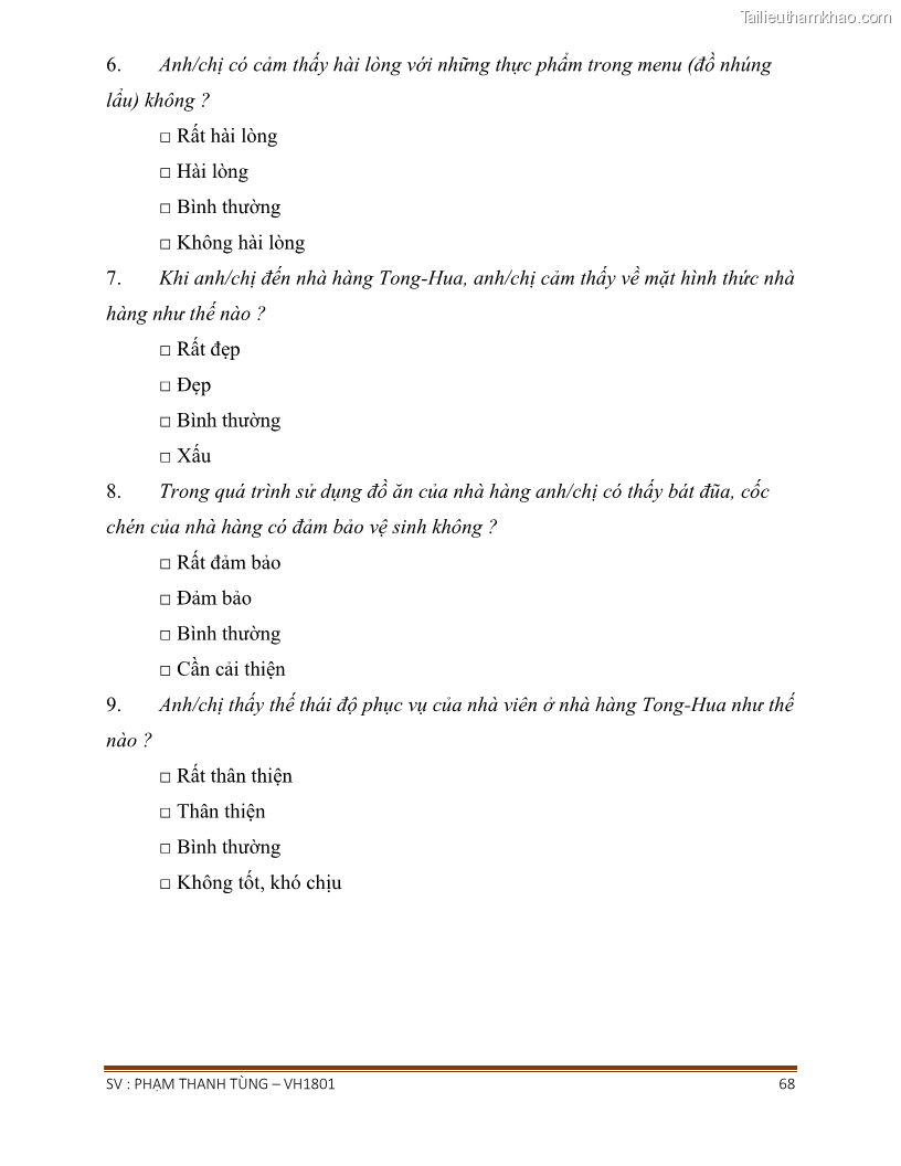 Khóa luận tốt nghiệp văn hóa du lịch Tìm hiểu chất lượng dịch vụ ở nhà hàng Tong Hua, Hải Phòng - 6 Trang 68