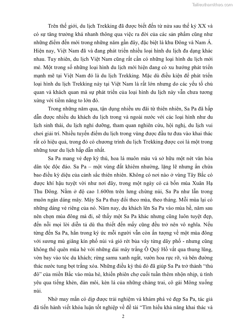 Khóa luận tốt nghiệp văn hóa du lịch Tìm hiểu khả năng khai thác và phát triển một số tuyến du lịch phục vụ du lịch Trekking tại Sa Pa - 1 Trang 12