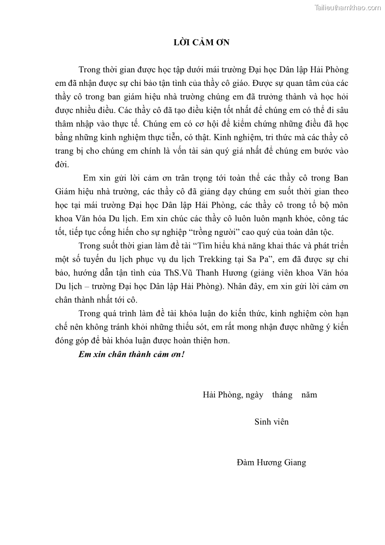 Khóa luận tốt nghiệp văn hóa du lịch Tìm hiểu khả năng khai thác và phát triển một số tuyến du lịch phục vụ du lịch Trekking tại Sa Pa - 1 Trang 8