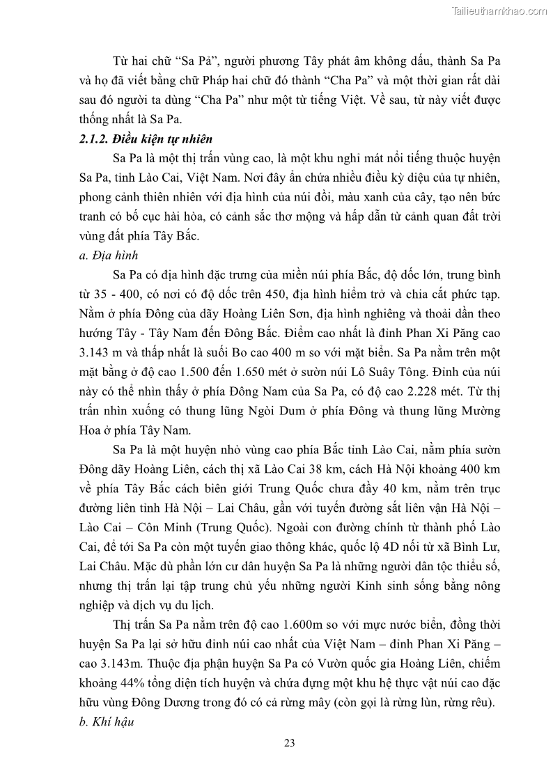 Khóa luận tốt nghiệp văn hóa du lịch Tìm hiểu khả năng khai thác và phát triển một số tuyến du lịch phục vụ du lịch Trekking tại Sa Pa - 3 Trang 33