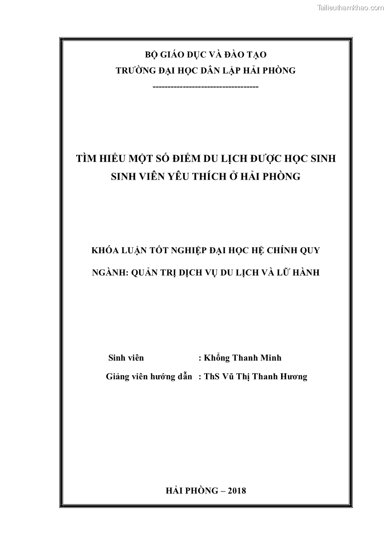 Khóa luận tốt nghiệp văn hóa du lịch Tìm hiểu một số điểm du lịch được học sinh sinh viên yêu thích ở Hải Phòng - 1 Trang 2