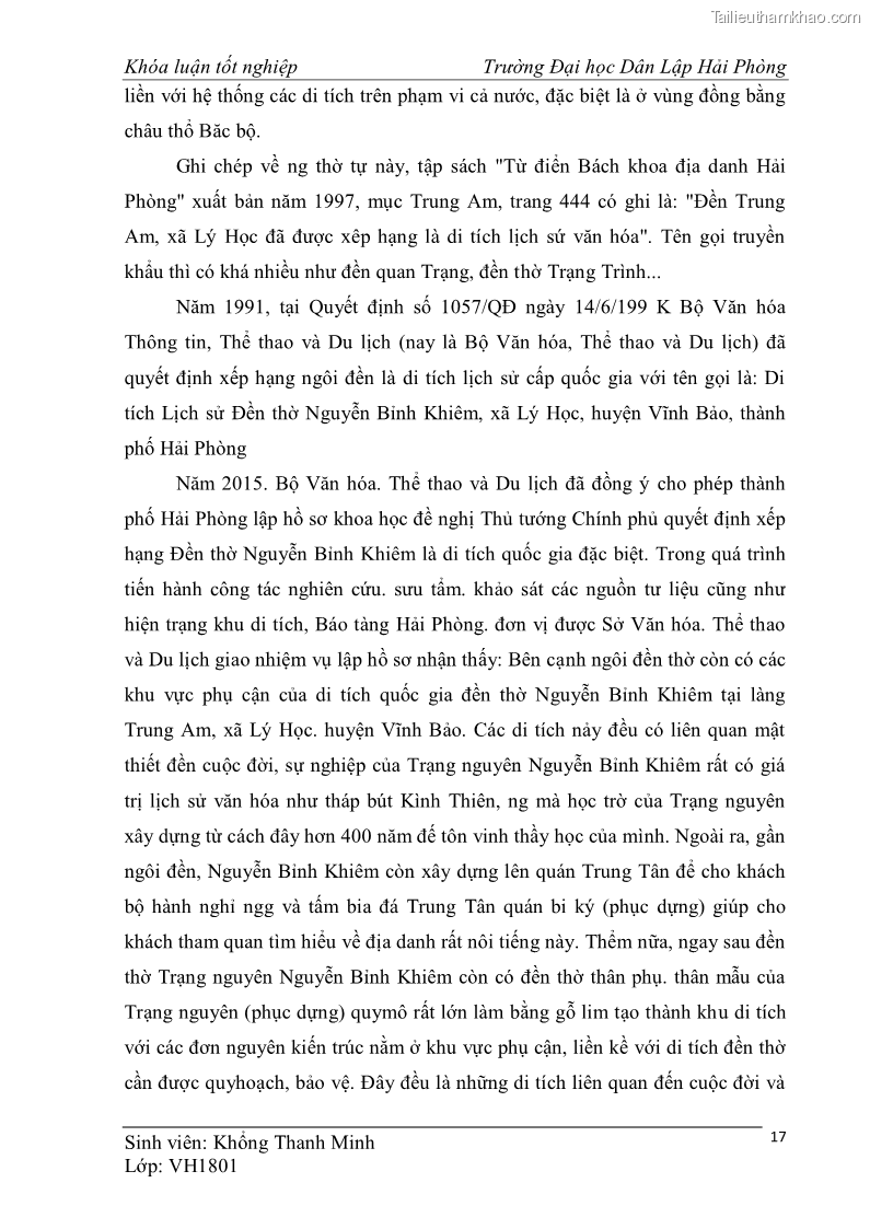 Khóa luận tốt nghiệp văn hóa du lịch Tìm hiểu một số điểm du lịch được học sinh sinh viên yêu thích ở Hải Phòng - 3 Trang 27