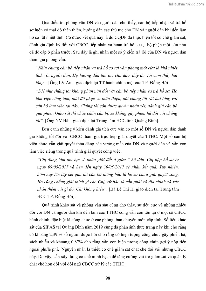 Luận án tiến sĩ quản trị kinh doanh Nâng cao chất lượng cung ứng dịch vụ hành chính công tỉnh Quảng Bình - 10 Trang 112