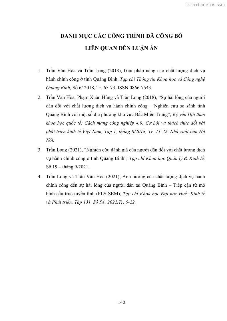 Luận án tiến sĩ quản trị kinh doanh Nâng cao chất lượng cung ứng dịch vụ hành chính công tỉnh Quảng Bình - 13 Trang 154