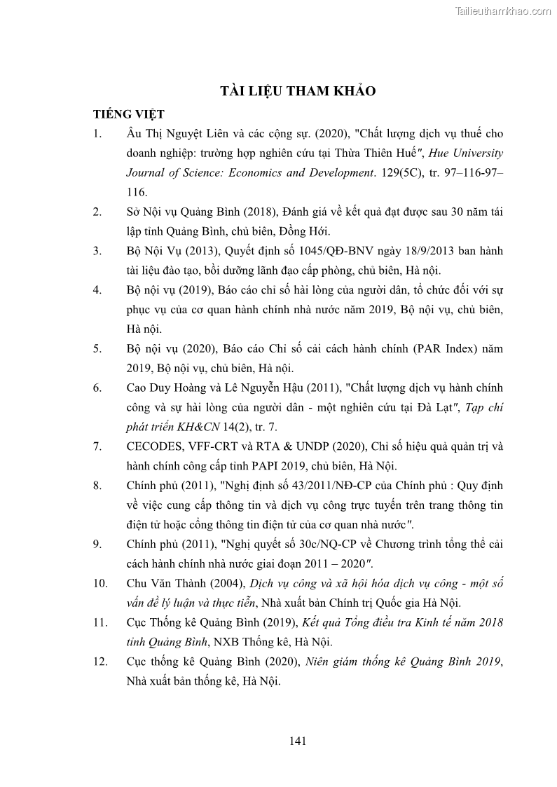 Luận án tiến sĩ quản trị kinh doanh Nâng cao chất lượng cung ứng dịch vụ hành chính công tỉnh Quảng Bình - 13 Trang 155