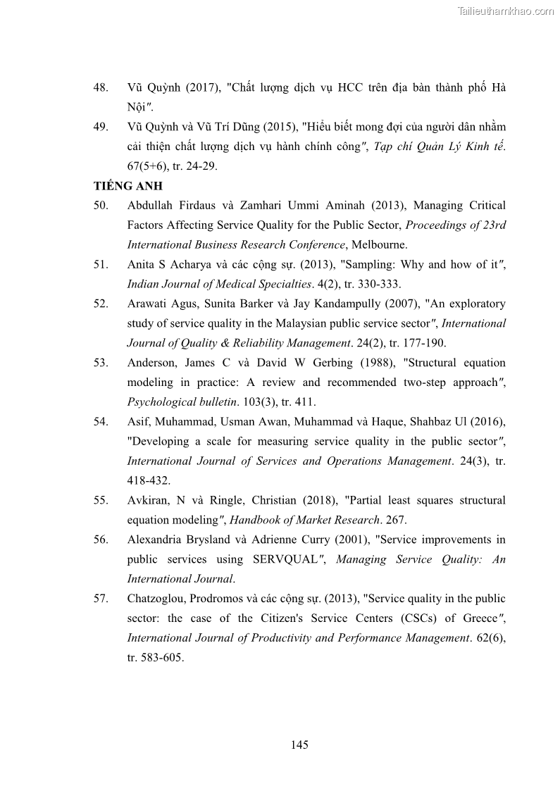 Luận án tiến sĩ quản trị kinh doanh Nâng cao chất lượng cung ứng dịch vụ hành chính công tỉnh Quảng Bình - 14 Trang 159