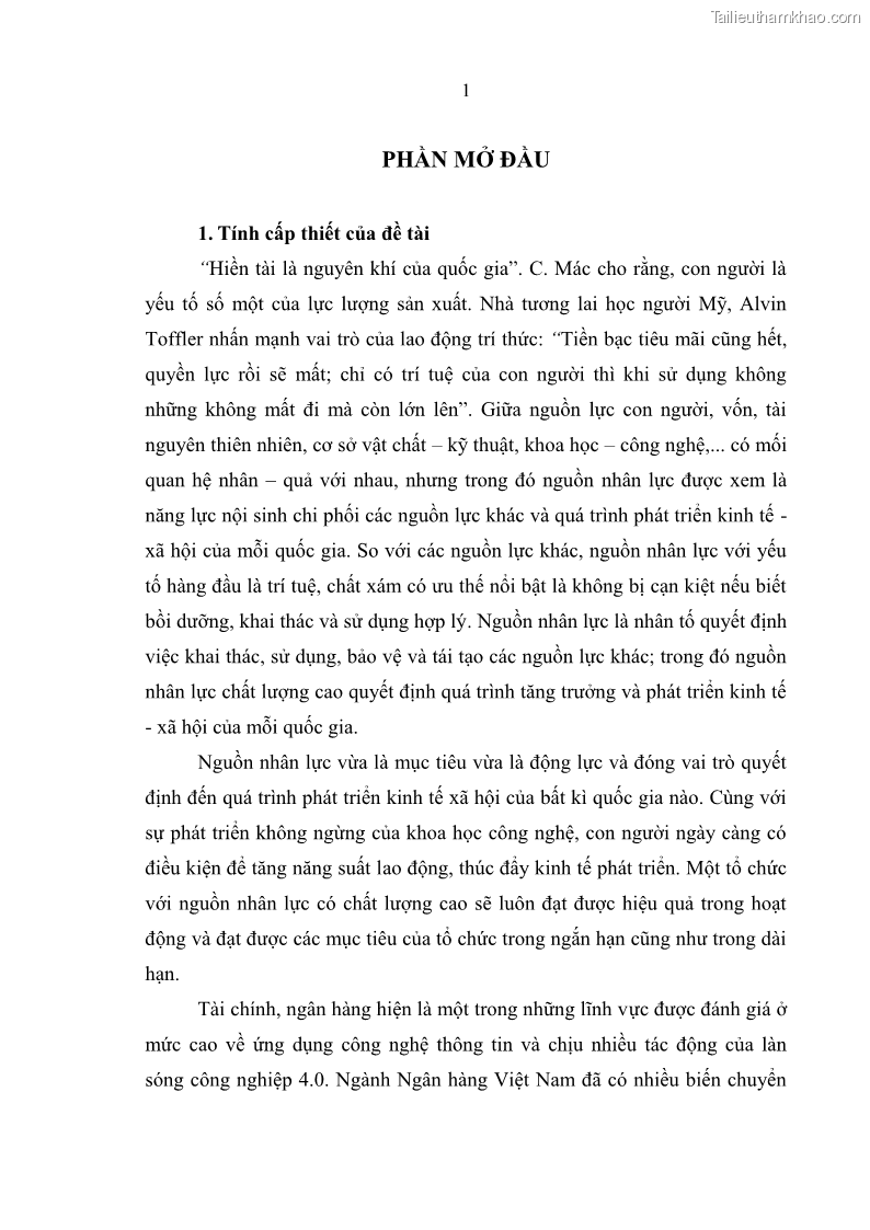 Luận văn thạc sĩ quản trị nhân lực Nâng cao chất lượng nguồn nhân lực tại Ngân hàng Nông nghiệp và Phát triển Nông thôn Việt Nam - Chi nhánh Sở giao dịch - 1 Trang 11