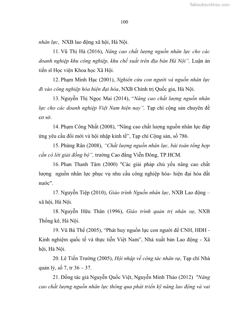 Luận văn thạc sĩ quản trị nhân lực Nâng cao chất lượng nguồn nhân lực tại Ngân hàng Nông nghiệp và Phát triển Nông thôn Việt Nam - Chi nhánh Sở giao dịch - 10 Trang 110